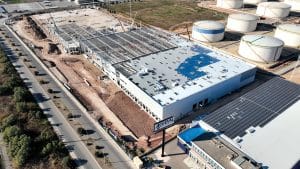 Vista aérea del desarrollo de las obras de la plataforma logística desarrollada por Inurban en Albuixech (Valencia)
